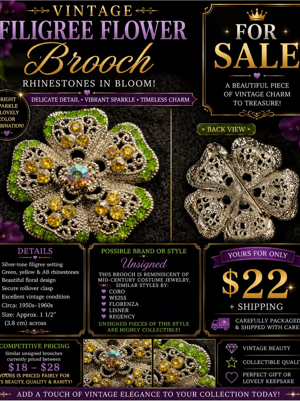 Vintage Filigree Flower Brooch -